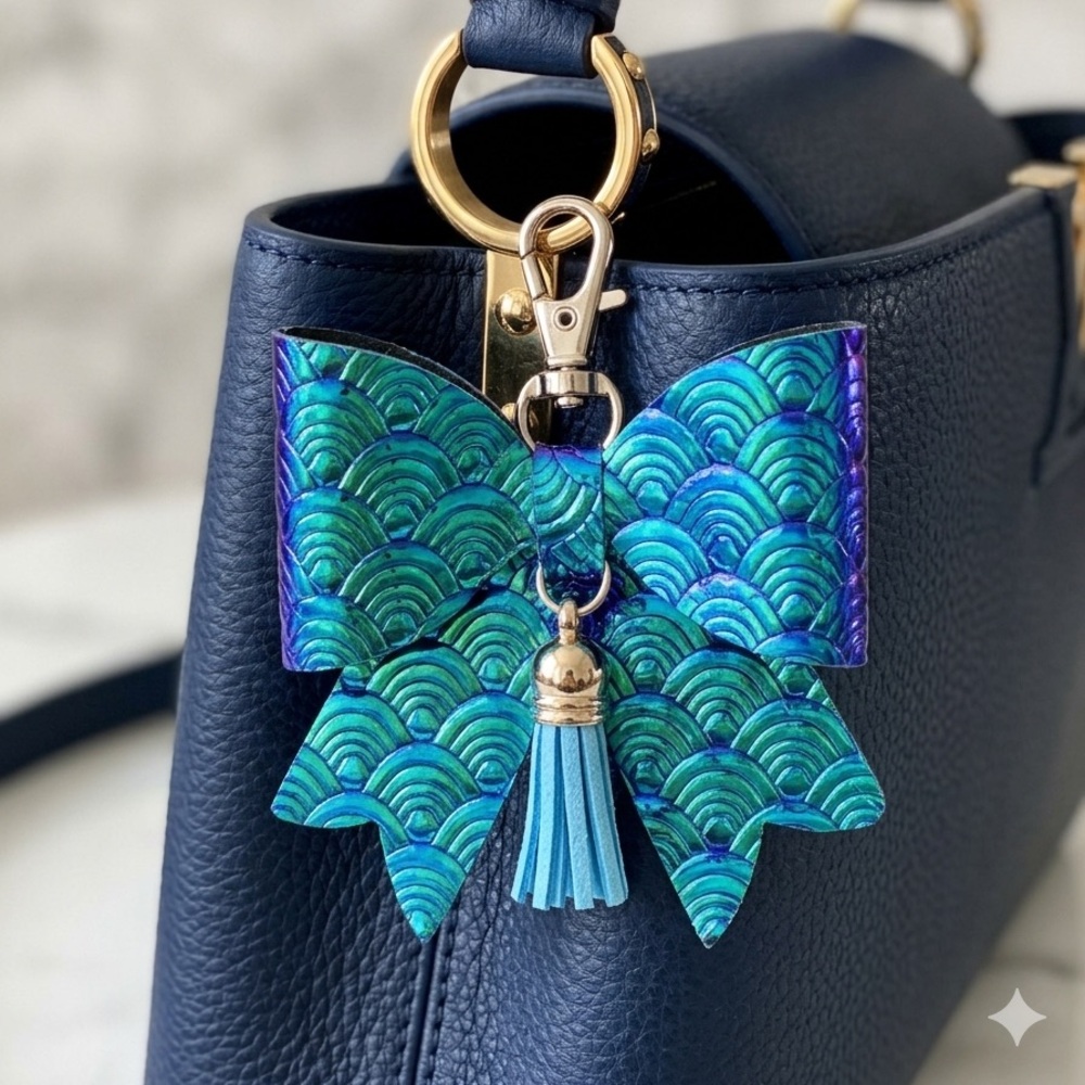 Blue/Green Iridescent and Tassel Bag Charm Key Chain